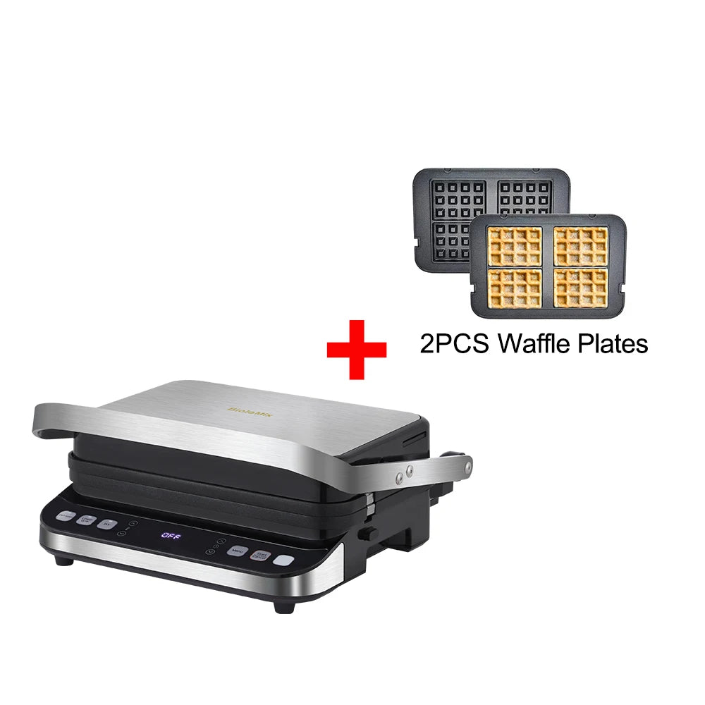 BioloMix 2000W Electric Contact Grill Digital Griddle and Panini Press, Optional Waffle Maker Plates, Opens 180 Degree Barbecue