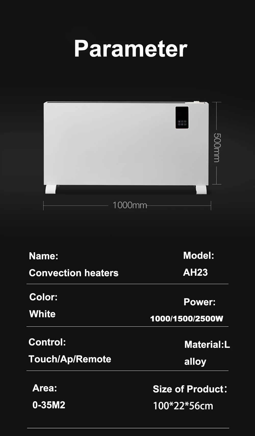 1000W 1500W 2500W Smart Space Heater Energy Saving Wall Mounted Electric Heater Winter Warmer Fast Heating