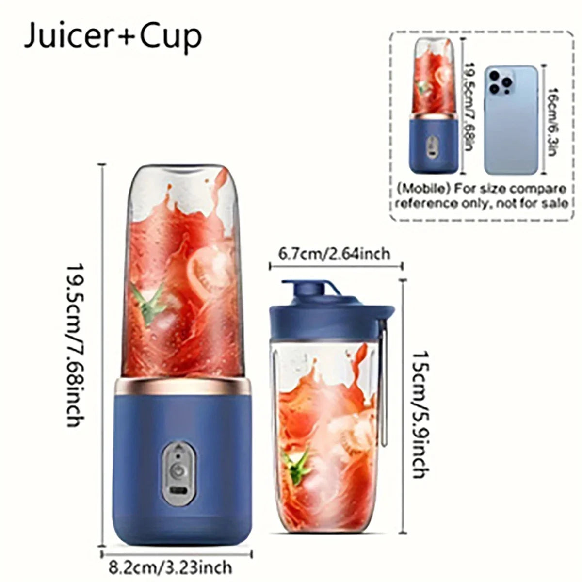 400ML Blue Portable Juicer Electric Juicer Cup USB Rechargeable Small Juicer with Stainless Steel Blade Mixer Ice Crusher