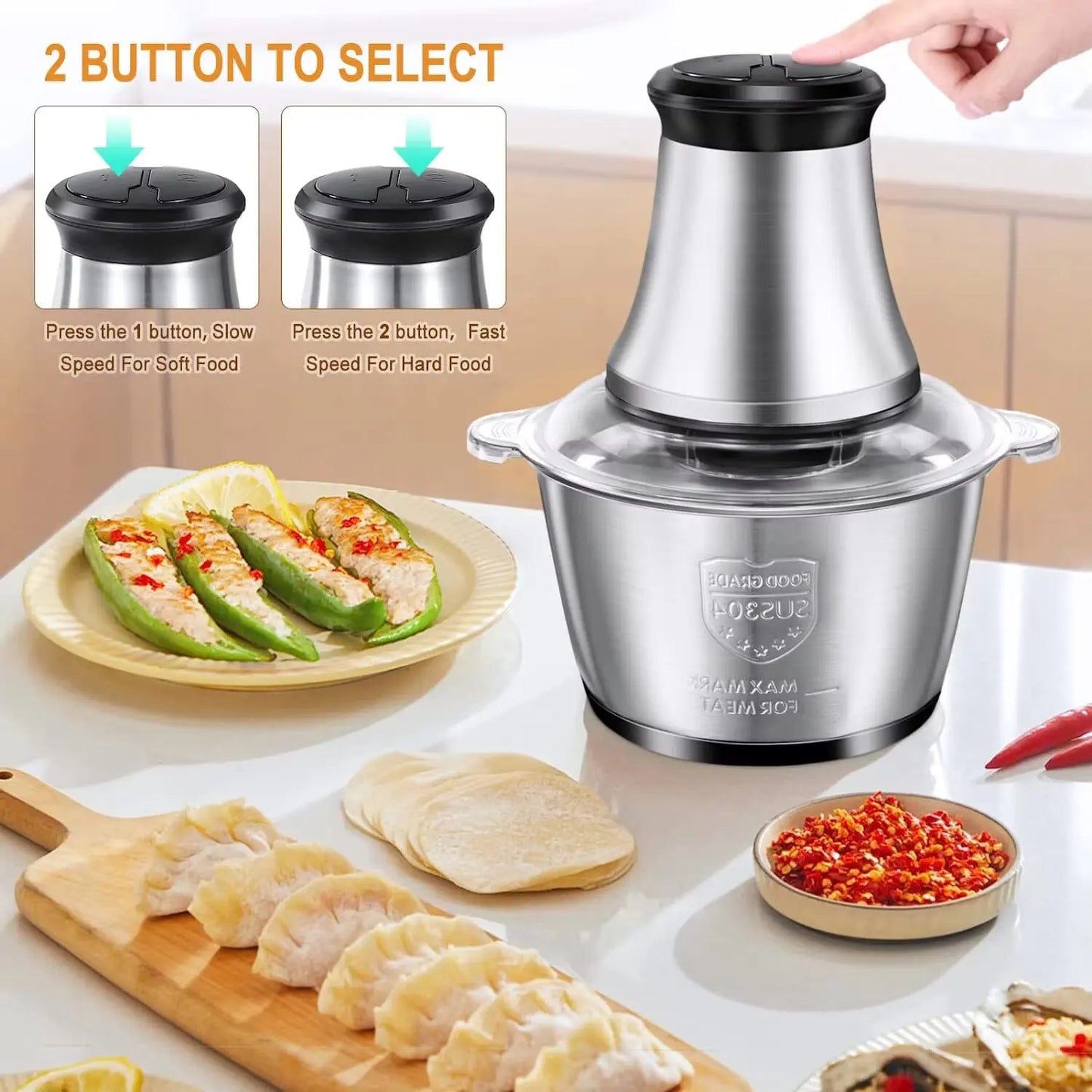 Brand new 2 speed 250W stainless steel 2L capacity electric chopper meat grinder meat grinder food processor slicer