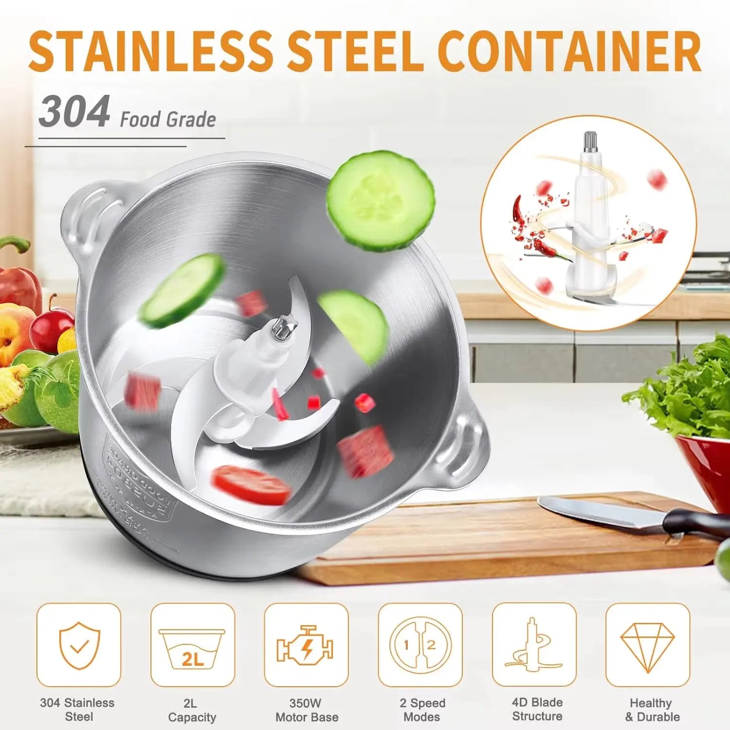 Electric Meat Grinder Stainless Steel Food Processor Chopper Kitchen Utensils Vegetable and Fruit Chopper Household Grinder