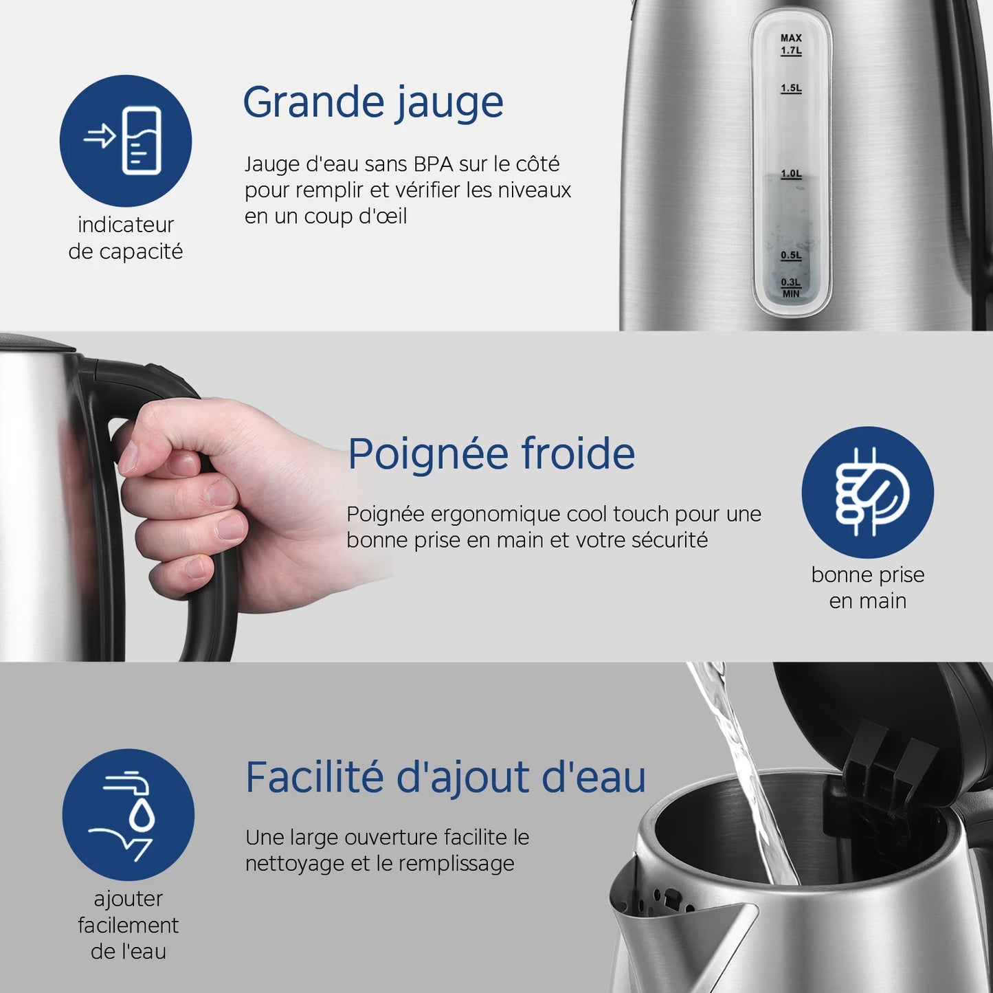 Midea Kettle Stainless Steel 1.7 L, BPA-Free Kettle, 2200 W Quick Boil Function, Insulated Handle with Water Level InIndicator.