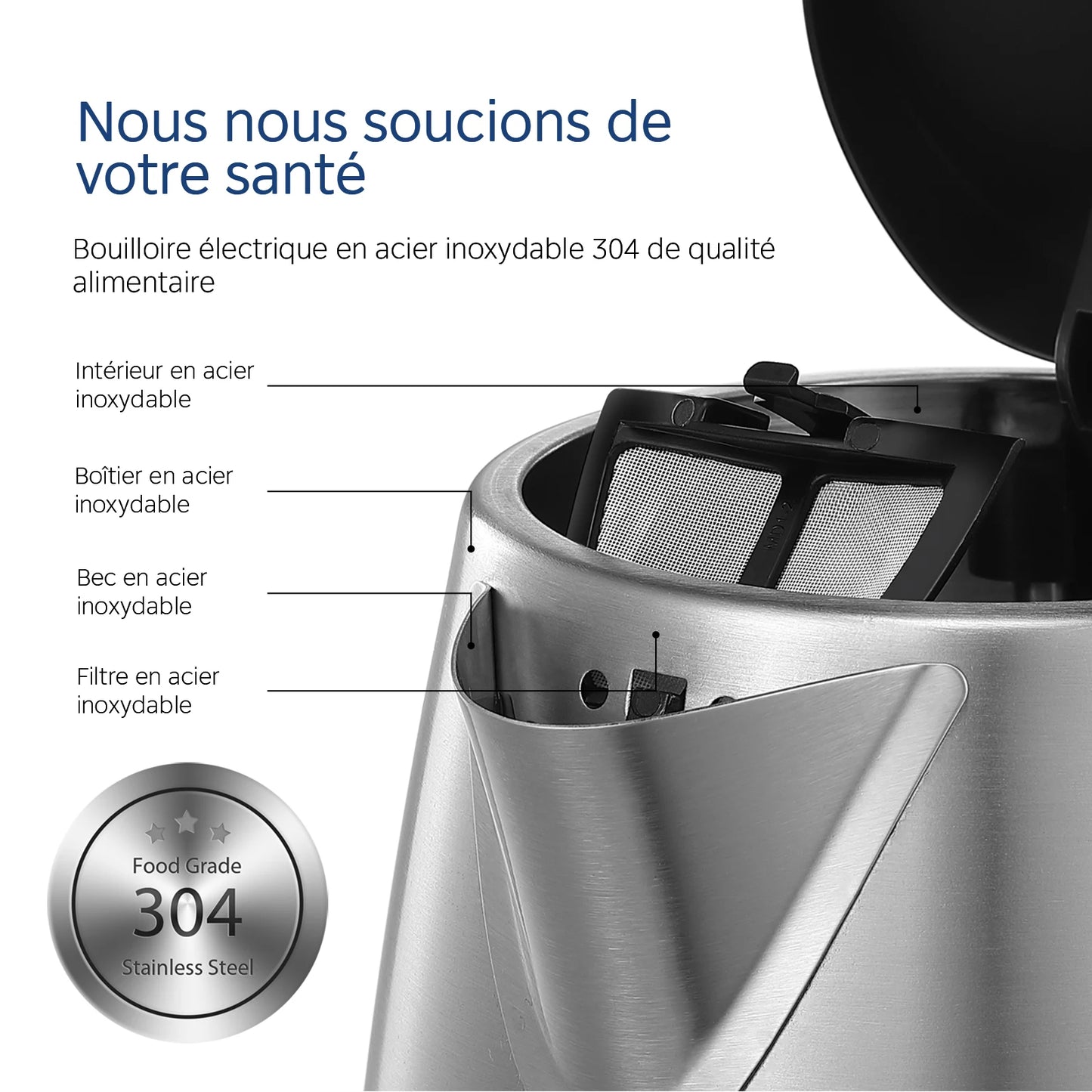 Midea Kettle Stainless Steel 1.7 L, BPA-Free Kettle, 2200 W Quick Boil Function, Insulated Handle with Water Level InIndicator.