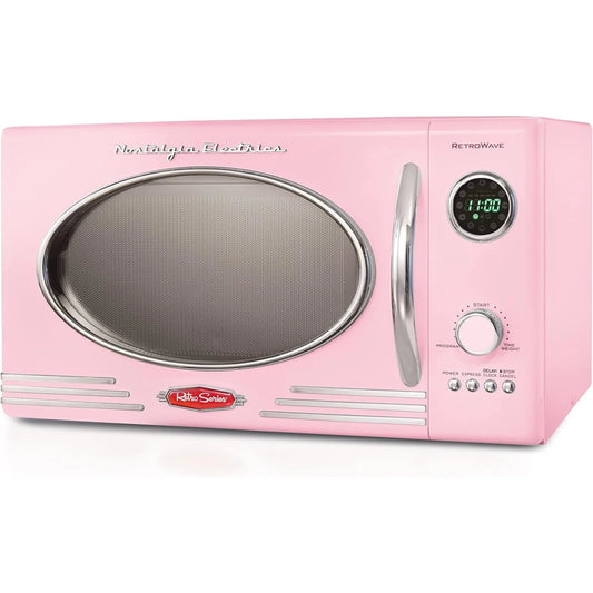 Retro Countertop Microwave Oven，Large 800W 0.9 cu ft - 12 Pre-Programmed Cooking Settings - Pink